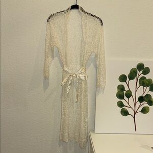 White / cream Open Front Lace Robe with satin ribbon tie tie front